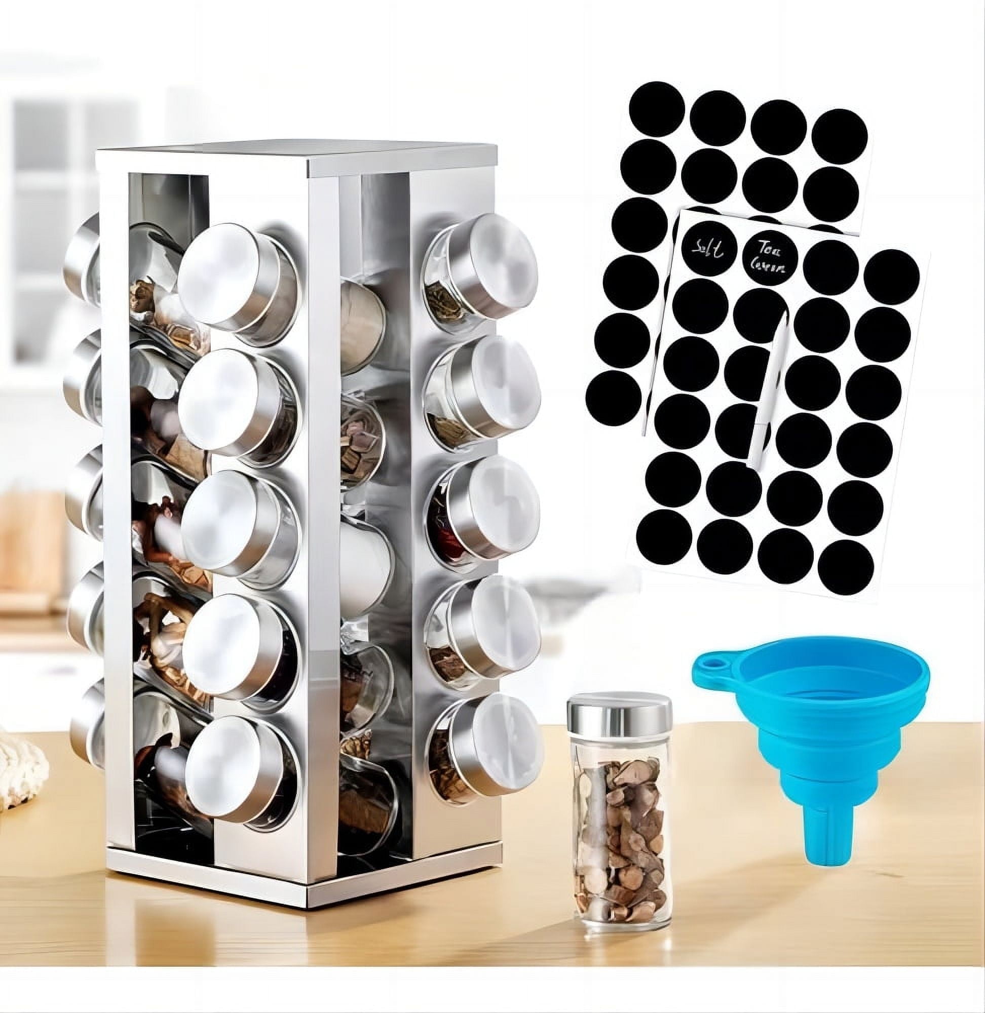 WeluvFit Rotating Spice Rack with 20 Seasoning Jars, Revolving Spice Tower Organizer Stainless Steel for Cabinet/Countertop/Kitchen Storage, with Labels, Pen and Funnel Set