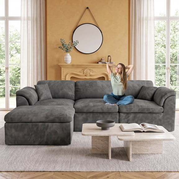 Welzona 112" Modular Sectional Sofa, Plaid Grid Chenille Cloud Couch with Movable Ottoman, Grey