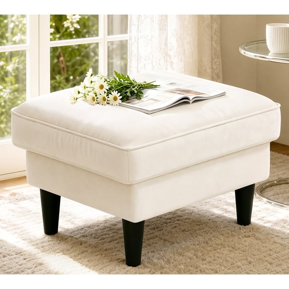 Welzona 24" Ottoman Bench, Comfy Velvet Footstool Ottomans for Sofa, Beige