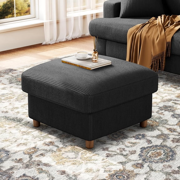 Welzona 25" Corduroy Storage Ottoman, Square Footrest Bench with Hidden Compartment, Tool-Free Assembly,Black