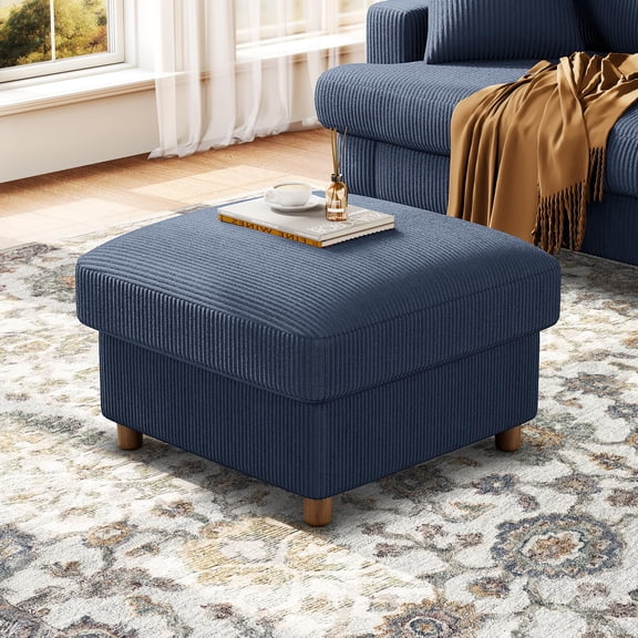 Welzona 25" Corduroy Storage Ottoman, Square Footrest Bench with Hidden Compartment, Tool-Free Assembly,Blue