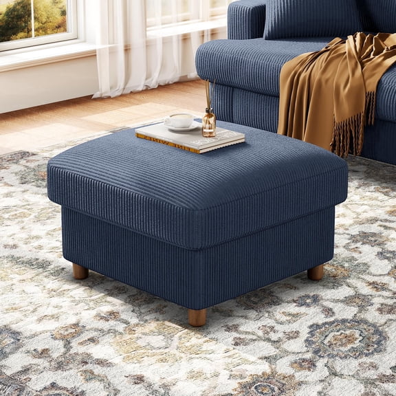 Welzona 25" Corduroy Storage Ottoman, Square Footrest Bench with Hidden Compartment, Tool-Free Assembly,Blue