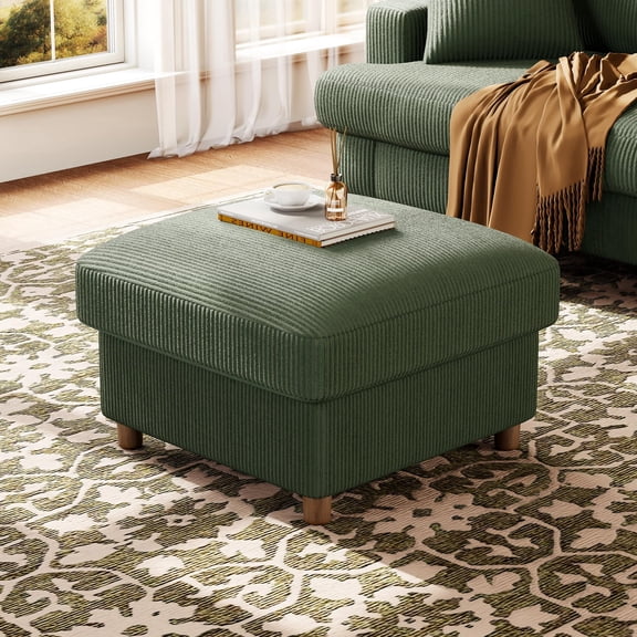 Welzona 25" Corduroy Storage Ottoman, Square Footrest Bench with Hidden Compartment, Tool-Free Assembly, Green