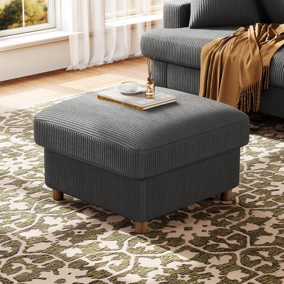 Welzona 25" Corduroy Storage Ottoman, Square Footrest Bench with Hidden Compartment, Tool-Free Assembly, Grey