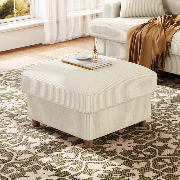 Welzona 25" Corduroy Storage Ottoman, Square Footrest Bench with Hidden Compartment, Tool-Free Assembly, Off White