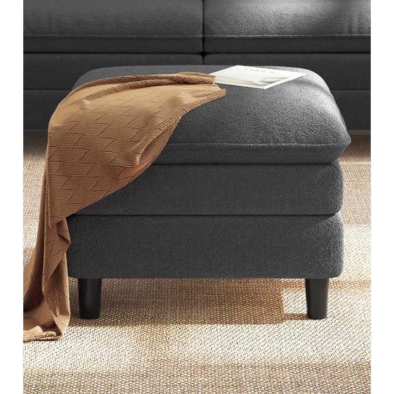 Welzona 26.7" Teddy Fabric 3-Layers Cloud Storage Ottoman, Square Footrest Bench with Hidden Compartment, Tool-Free Assembly, Grey