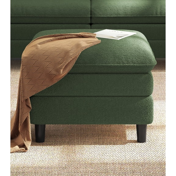 Welzona 26.7" Teddy Fabric 3-Layers Cloud Storage Ottoman, Square Footrest Bench with Hidden Compartment, Tool-Free Assembly, Green