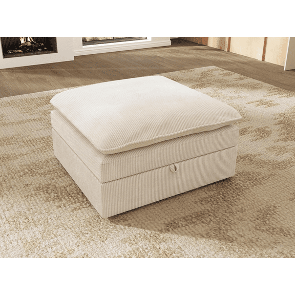 Welzona 26.7" Teddy Fabric Cloud Storage Ottoman, Square Footrest Bench with Hidden Compartment, Tool-Free Assembly, Off White