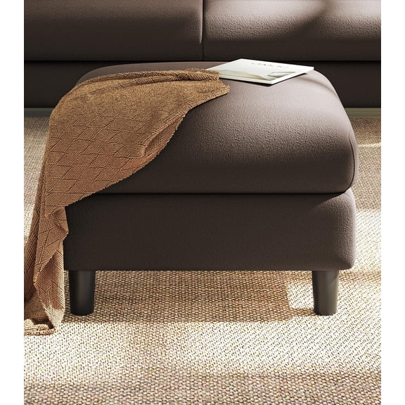Welzona 26.7" Teddy Fabric Storage Ottoman, Square Footrest Bench with Hidden Compartment, Tool-Free Assembly, Coffee