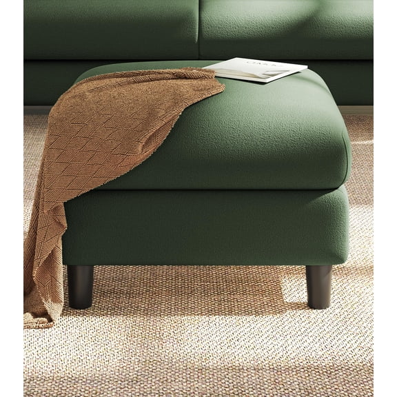 Welzona 26.7" Teddy Fabric Storage Ottoman, Square Footrest Bench with Hidden Compartment, Tool-Free Assembly, Green