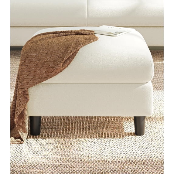 Welzona 26.7" Teddy Fabric Storage Ottoman, Square Footrest Bench with Hidden Compartment, Tool-Free Assembly, Off White