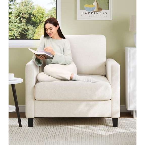 Welzona 33" Teddy Fabric Accent Chair, Comfy Reading Armchair for Living Room & Bedroom, Tool-Free Assembly, Off White