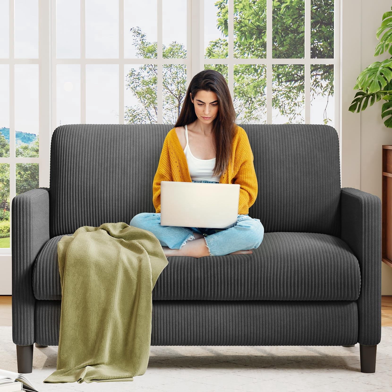 Welzona 51" Corduroy Loveseat Sofa, Small 2-Seater Couch for Small Spaces, Tool-Free Assembly, Grey