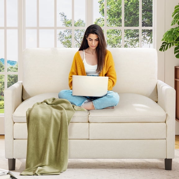 Welzona 51" Teddy Fabric 3-Layers Cloud Loveseat Sofa, Small 2-Seater Couch for Small Spaces, Tool-Free Assembly, Off white