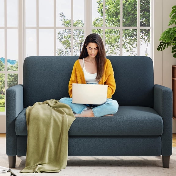 Welzona 51" Teddy Fabric Loveseat Sofa, Small 2-Seater Couch for Small Spaces, Tool-Free Assembly, Blue