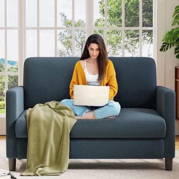 Welzona 51" Teddy Fabric Loveseat Sofa, Small 2-Seater Couch for Small Spaces, Tool-Free Assembly, Blue