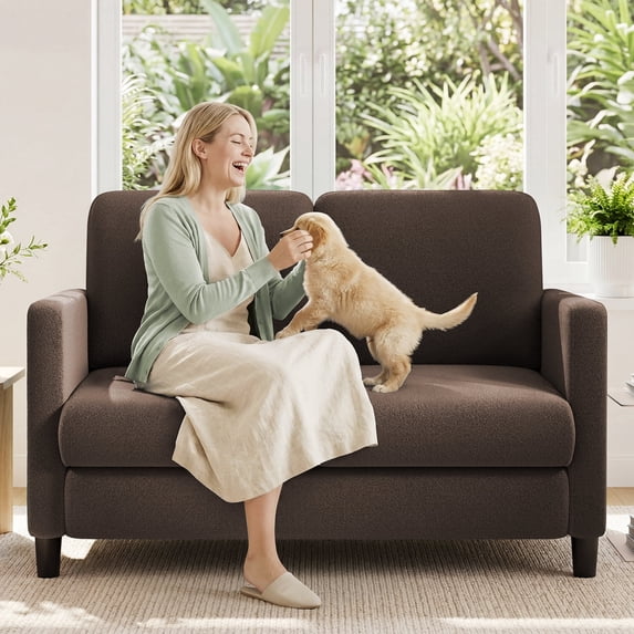 Welzona 51" Teddy Fabric Loveseat Sofa, Small 2-Seater Couch for Small Spaces, Tool-Free Assembly, Coffee