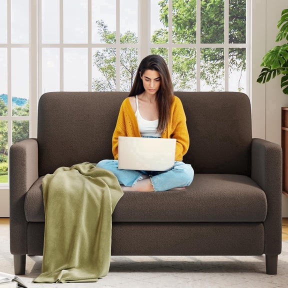 Welzona 51" Teddy Fabric Loveseat Sofa, Small 2-Seater Couch for Small Spaces, Tool-Free Assembly, Coffee