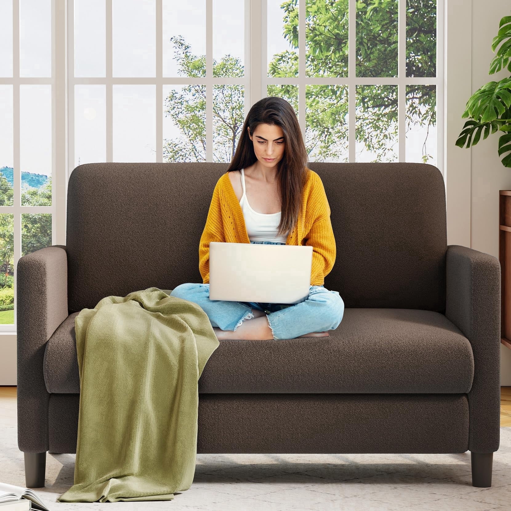 Welzona 51" Teddy Fabric Loveseat Sofa, Small 2-Seater Couch for Small Spaces, Tool-Free Assembly, Coffee