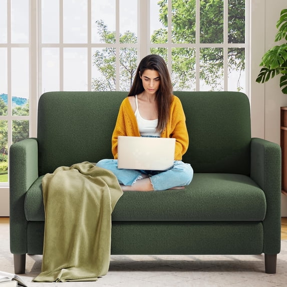 Welzona 51" Teddy Fabric Loveseat Sofa, Small 2-Seater Couch for Small Spaces, Tool-Free Assembly, Green