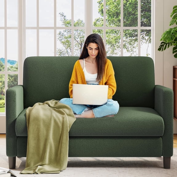 Welzona 51" Teddy Fabric Loveseat Sofa, Small 2-Seater Couch for Small Spaces, Tool-Free Assembly, Green