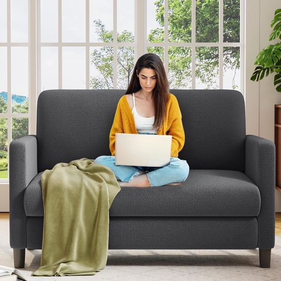 Welzona 51" Teddy Fabric Loveseat Sofa, Small 2-Seater Couch for Small Spaces, Tool-Free Assembly, Grey