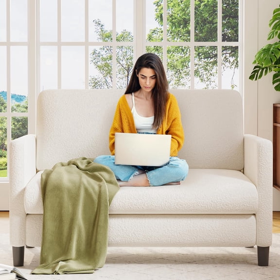 Welzona 51" Teddy Fabric Loveseat Sofa, Small 2-Seater Couch for Small Spaces, Tool-Free Assembly, Off White