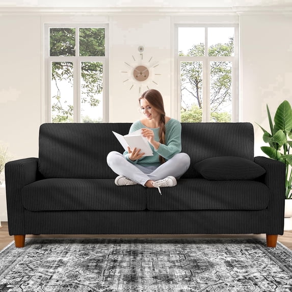 Welzona 70" Corduroy Sofa, Oversized 2-Seater Couch with 2 Throw Pillows, Tool-Free Assembly, Black
