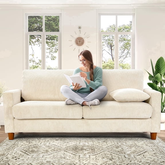 Welzona 70" Corduroy Sofa, Oversized 2-Seater Couch with 2 Throw Pillows, Tool-Free Assembly, Off White