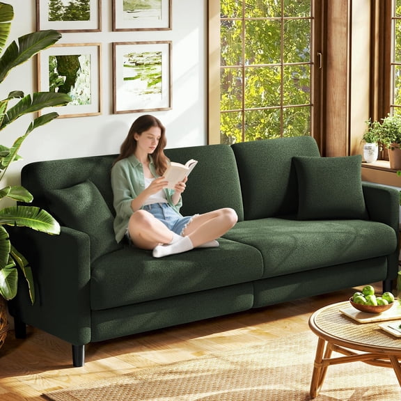 Welzona 83" Teddy Fabric Sofa, Modern 3-Seater Couch with 2 Throw Pillows, Tool-Free Assembly, Green