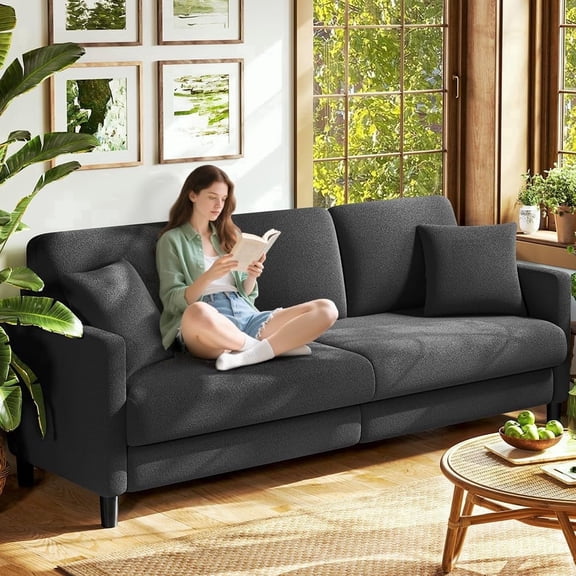 Welzona 83" Teddy Fabric Sofa, Modern 3-Seater Couch with 2 Throw Pillows, Tool-Free Assembly, Grey