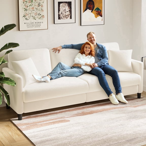 Welzona 83" Teddy Fabric Sofa, Modern 3-Seater Couch with 2 Throw Pillows, Tool-Free Assembly, Off White