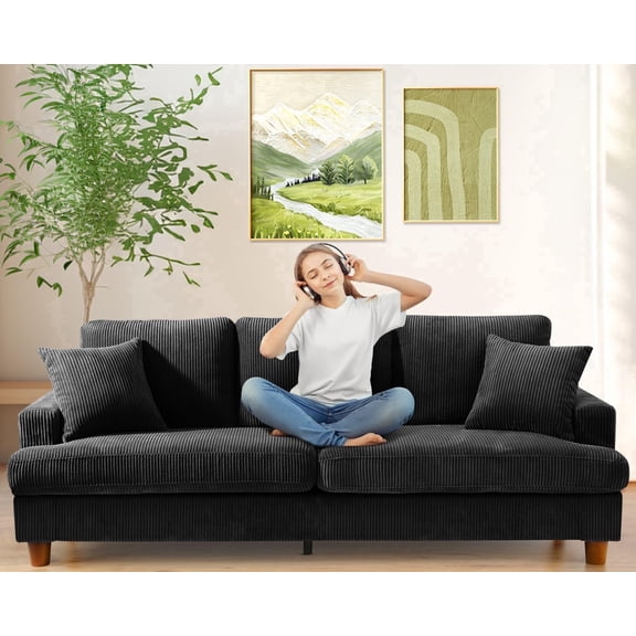 Welzona 87" Corduroy Sofa, Modern 3-Seater Couch with 2 Throw Pillows, Tool-Free Assembly, Black