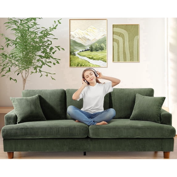 Welzona 87" Corduroy Sofa, Modern 3-Seater Couch with 2 Throw Pillows, Tool-Free Assembly, Green