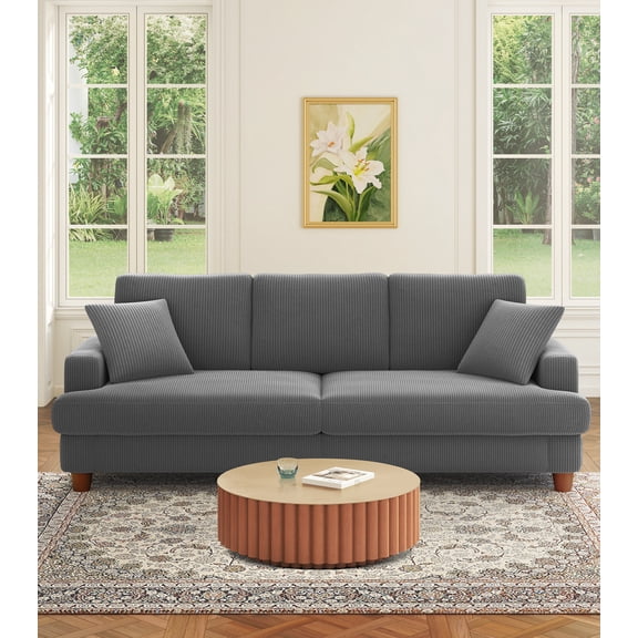 Welzona 87" Corduroy Sofa, Modern 3-Seater Couch with 2 Throw Pillows, Tool-Free Assembly, Grey
