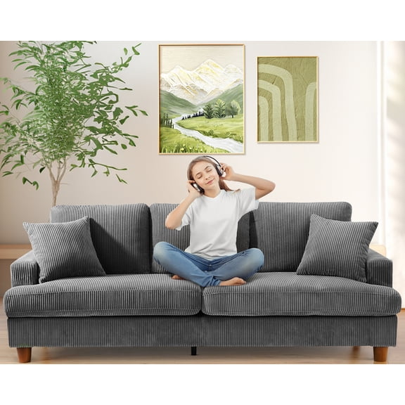 Welzona 87" Corduroy Sofa, Modern 3-Seater Couch with 2 Throw Pillows, Tool-Free Assembly, Grey
