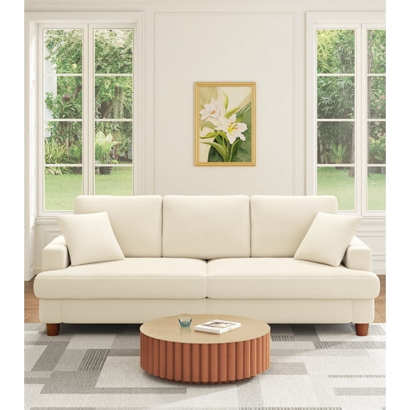 Welzona 87" Corduroy Sofa, Modern 3-Seater Couch with 2 Throw Pillows, Tool-Free Assembly, Off White