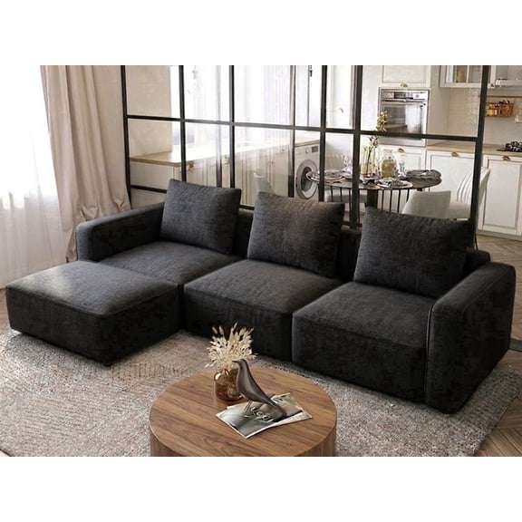 Welzona Cloud Couch Sectional, 102" L Shaped Modular Sectional Sofa, Chenille Cloud Dupe Couches, Solid Wood Frame Locked Modular Couch, Tool-Free Assembly Living Room Sofas with Ottoman, Black