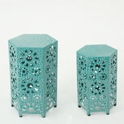 Wembaum Indoor 12 Inch and 14 Inch Sunburst Iron Side Table Set, Crackle Teal