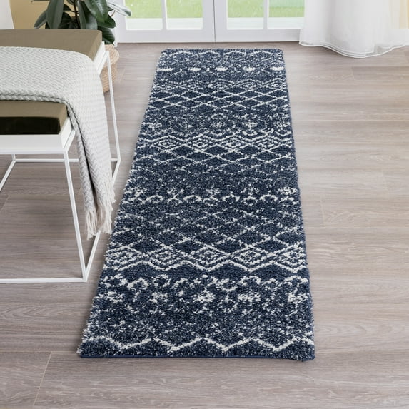 Wembley Shag Contemporary Shag Thick Navy and White Area Rug, 2' x 7'