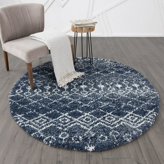 Wembley Shag Contemporary Shag Thick Navy and White Area Rug, 5' Round