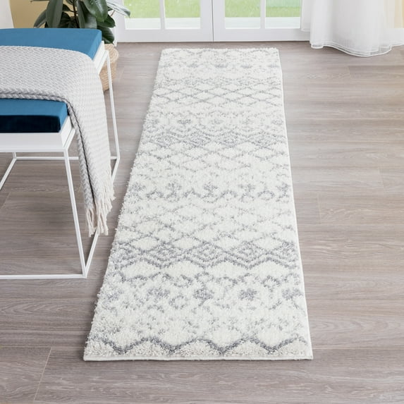 Wembley Shag Contemporary Shag Thick White and Gray Area Rug, 2' x 7'