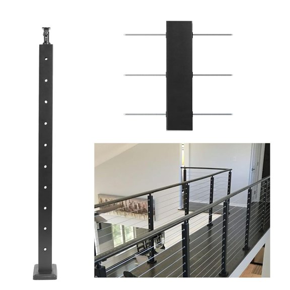 Wemily 36" Level Cable Railing Post,Stainless Steel Adjustable Top Post for Stair & Deck Railing System, Horizontal Drilled Line Post with Rubber Grommets, Matte Black Finish