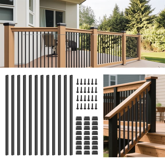 Wemily 50-Pack 36'' Deck Balusters, Black Metal Deck Spindles with Screws & End Caps, Hollow Rectangle Stair Railing Balusters for Decks, Porches, Fences