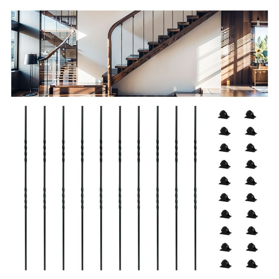 Wemily Wrought Iron Balusters Double Twist Stair Spindles 1/2" Metal Balusters with Iron Baluster Swivel Shoes for Staircase 10 Pack