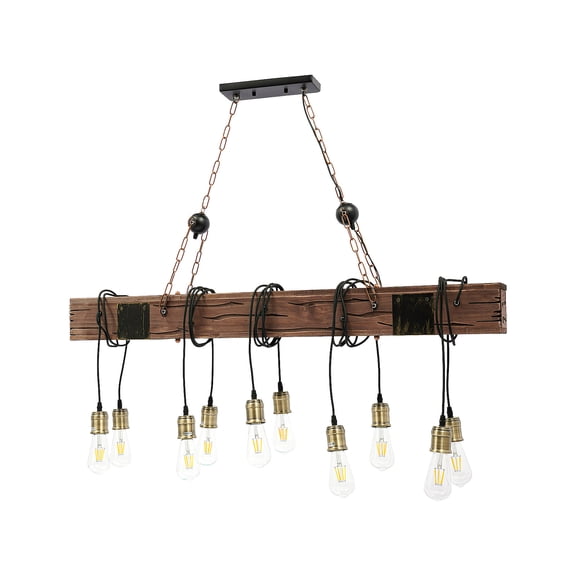 WenDissy 10-Light Industrial Wood Iron Linear Chandelier, Adjustable Height Light for Dining Room Kitchen Island Cafe Bar