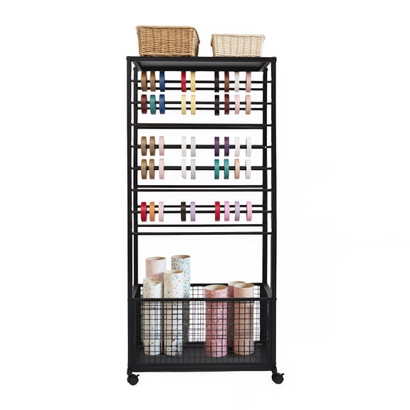 WenDissy 16-Tier Multipurpose Rolling Ribbon Organizer Rack, Freestanding Double-Sided Rack for Ribbon Fabric