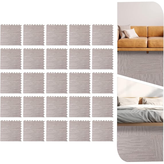 WenDissy 25Pcs Grey Wood Grain EVA Foam Floor Tiles, 0.4In Interlocking Waterproof Puzzle Mats for Home Office Gym
