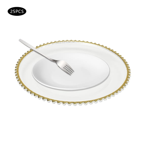 WenDissy 25pcs Gold Beaded Clear Round Charger Plates, PS Stackable Table Decor Plates for Wedding Banquet Party