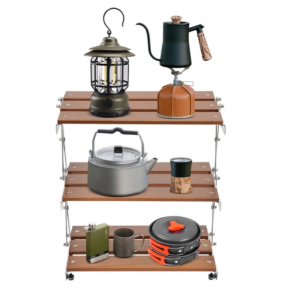WenDissy 3-Tier Foldable Camping Storage Rack, Multi-Function Desktop organizing Rack for Picnic Camping Kitchen Bathroom Home